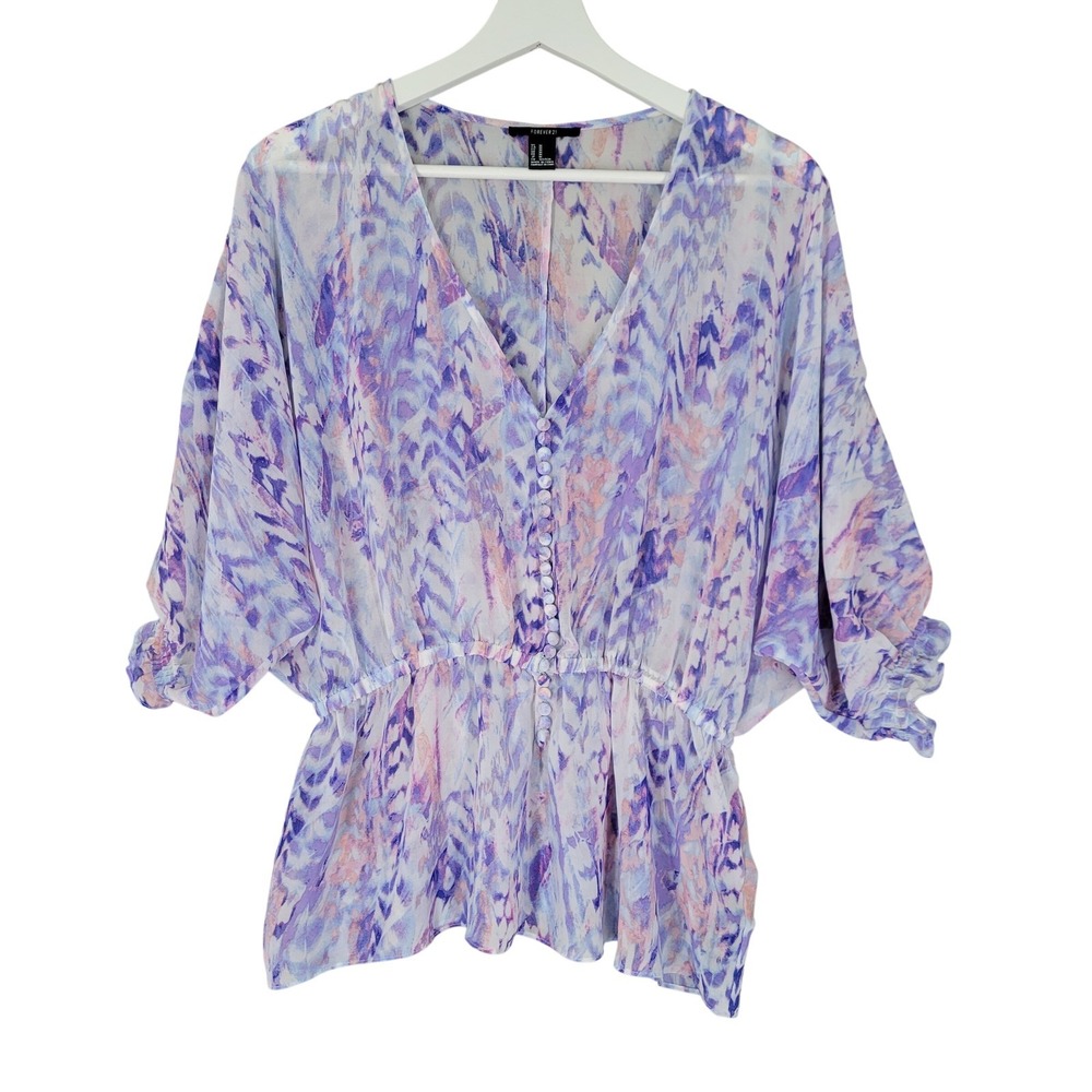 Whimsy Blouse Women Medium Purple Watercolor Sheer Dolman Fairy Forever 21